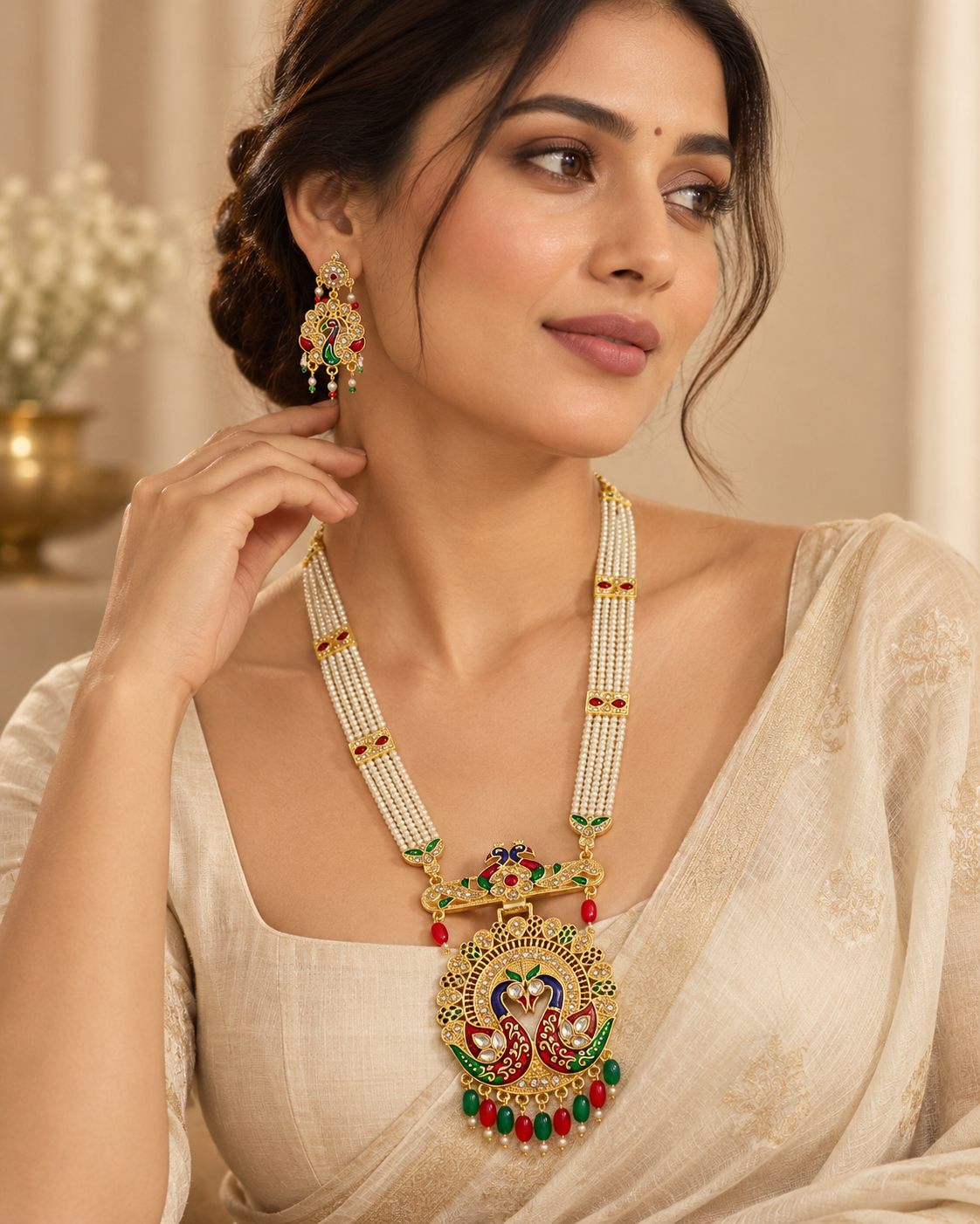Multicolor Peacock Pearl Rani Haar Necklace Set