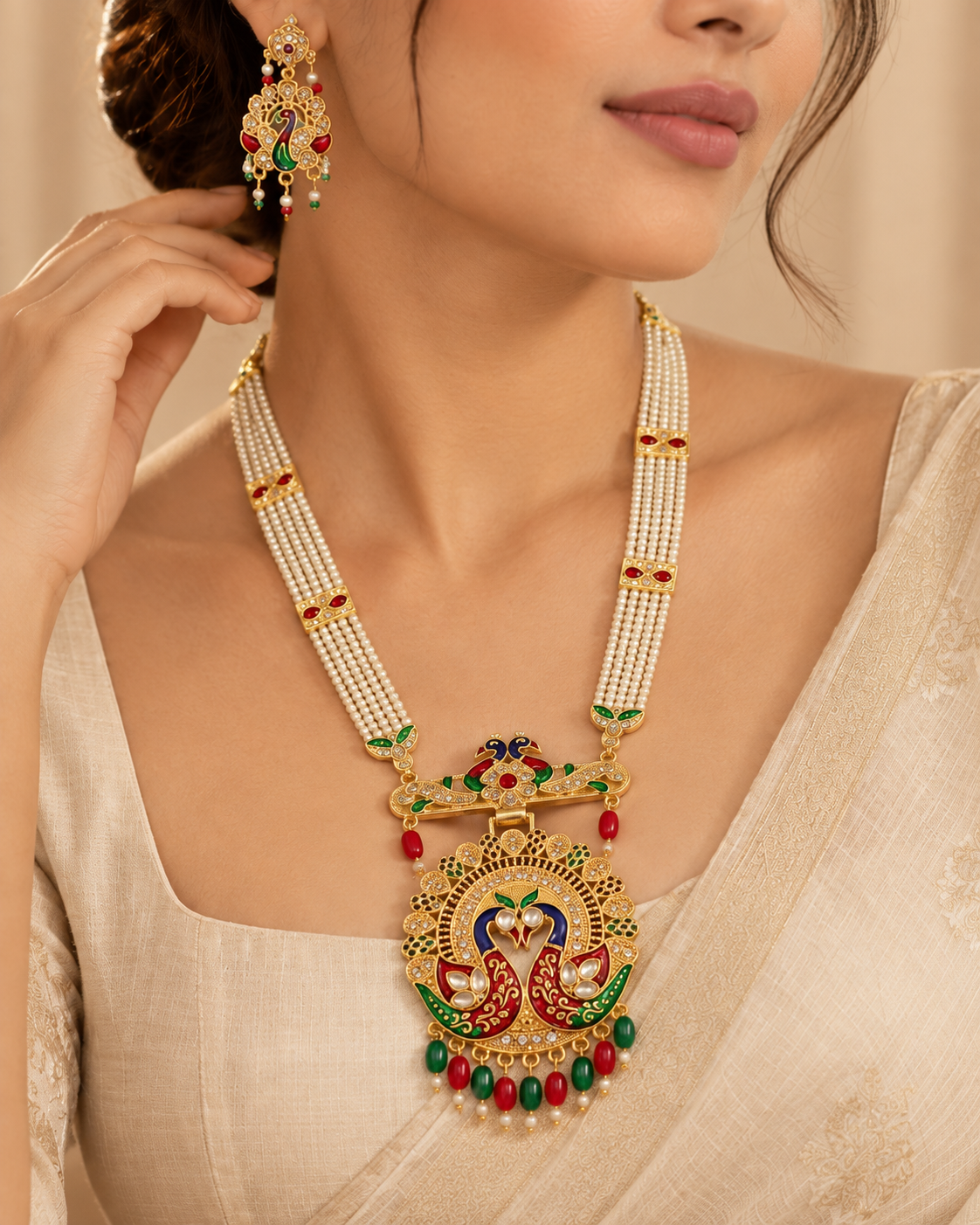 Multicolor Peacock Pearl Rani Haar Necklace Set