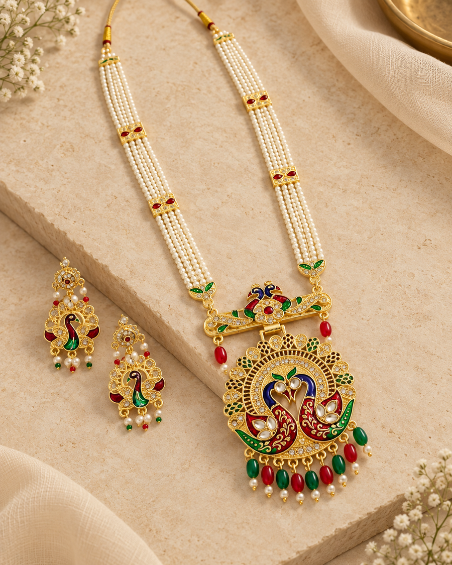 Multicolor Peacock Pearl Rani Haar Necklace Set