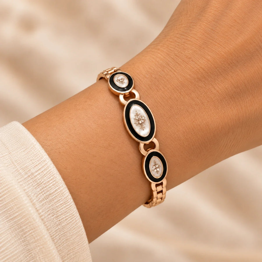 Noor Black Enamel Rose Gold Bangle square worn wrist close-up