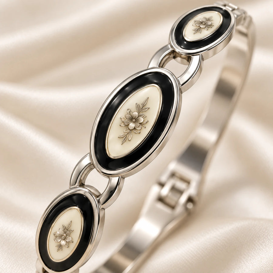 Noor Black Enamel Silver Bangle macro detail