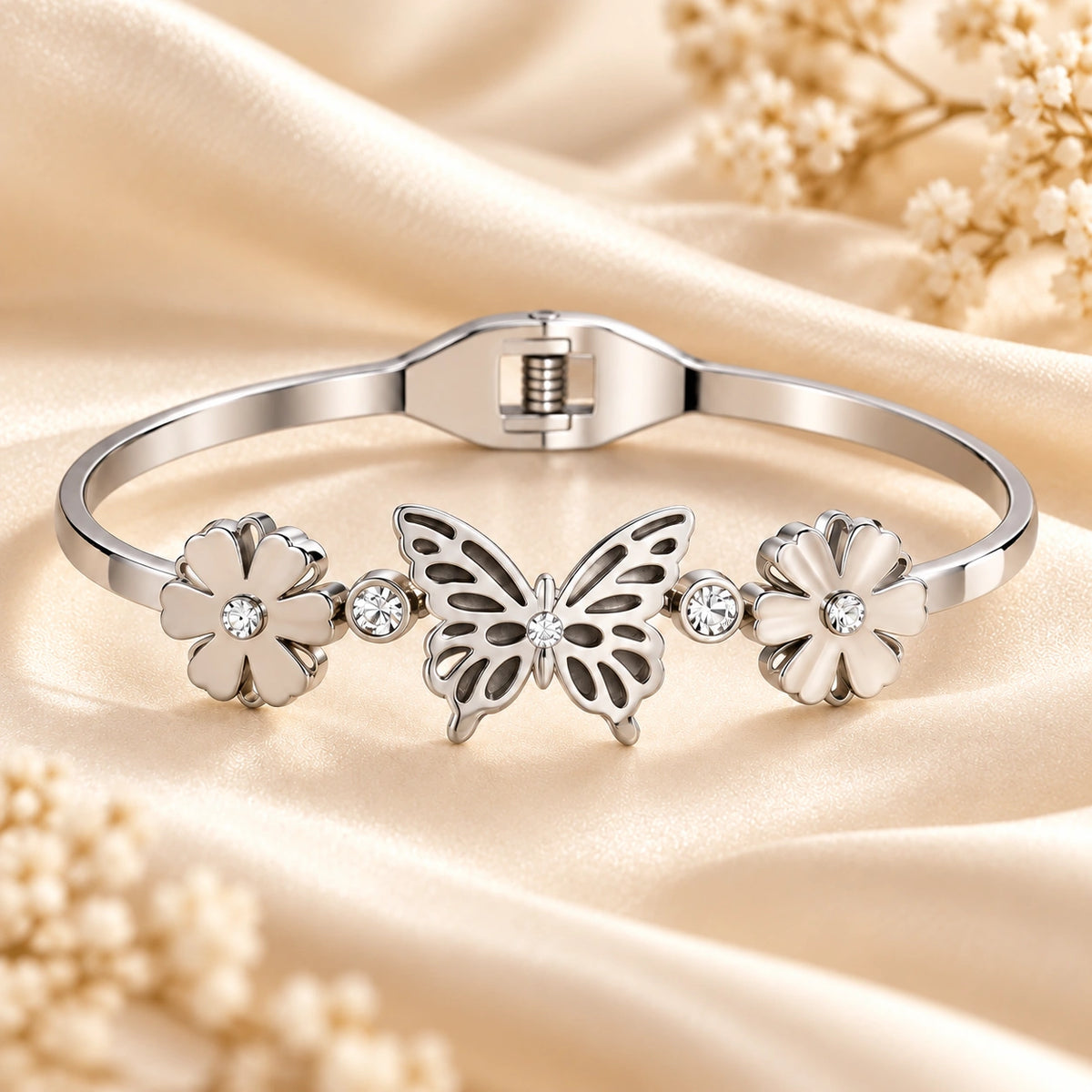 Aurelia Butterfly Bloom Silver Cuff Bangle worn on wrist