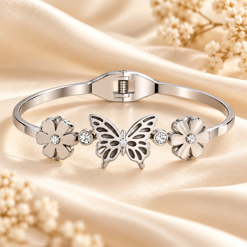 Aurelia Butterfly Bloom Silver Cuff Bangle worn on wrist
