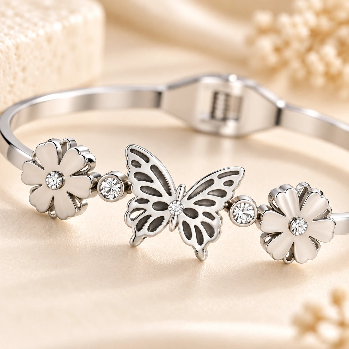 Aurelia Butterfly Bloom Silver Cuff Bangle macro detail