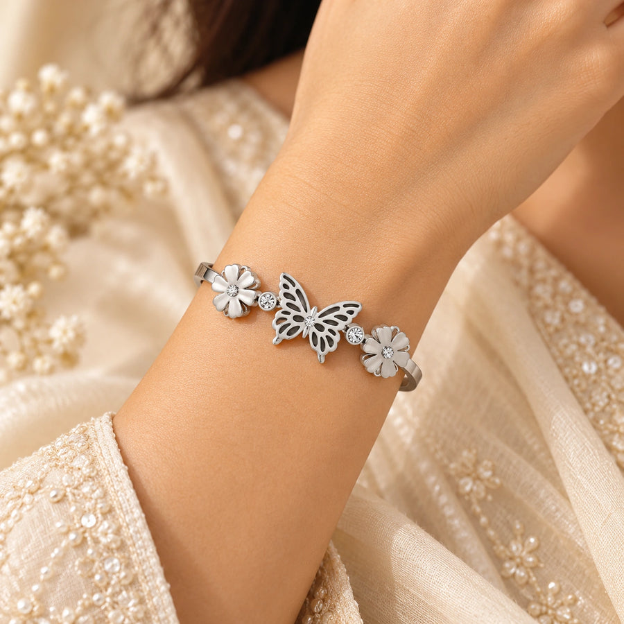 Aurelia Butterfly Bloom Silver Cuff Bangle front flatlay