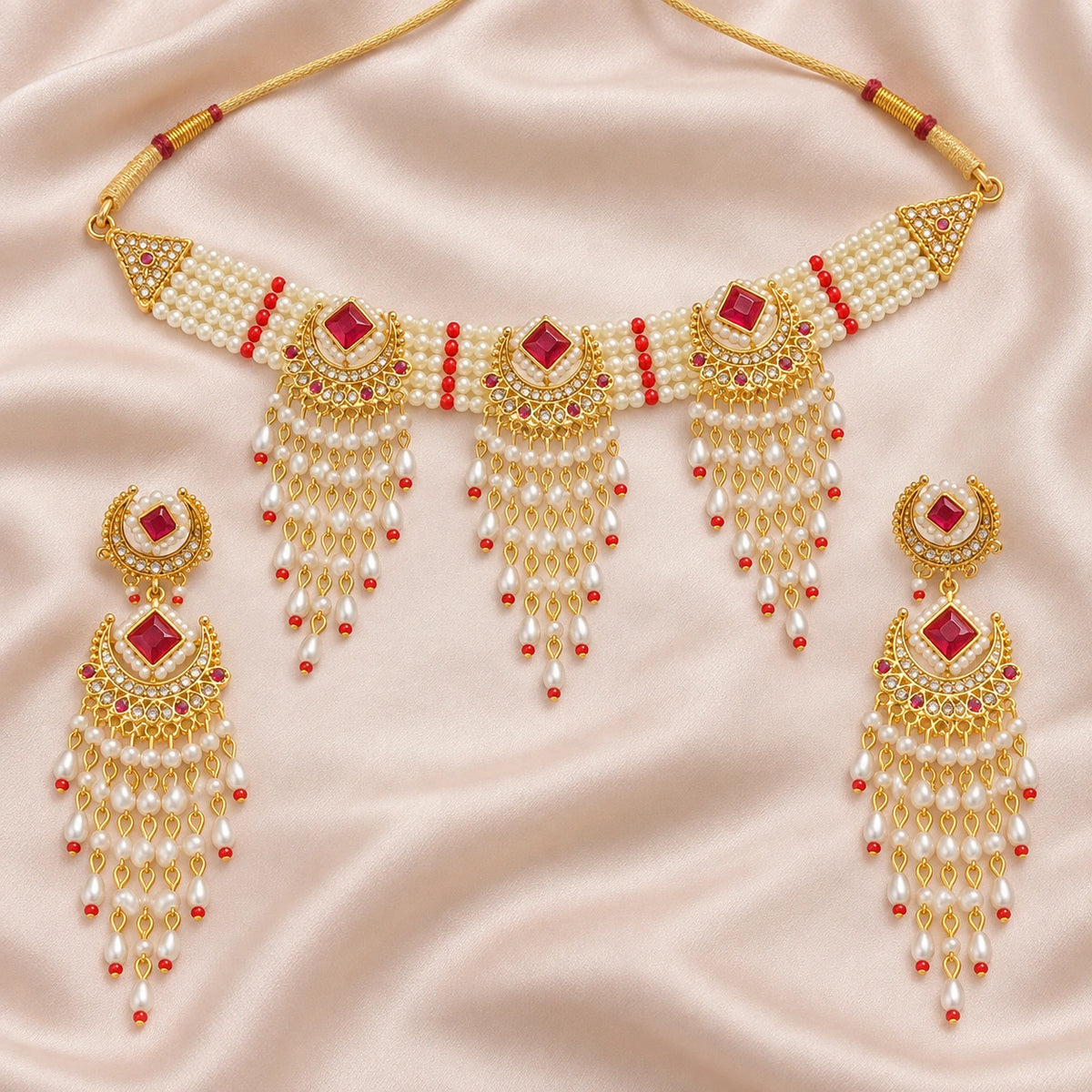 Ruhani Ruby Pearl Choker and Earrings Set — product view