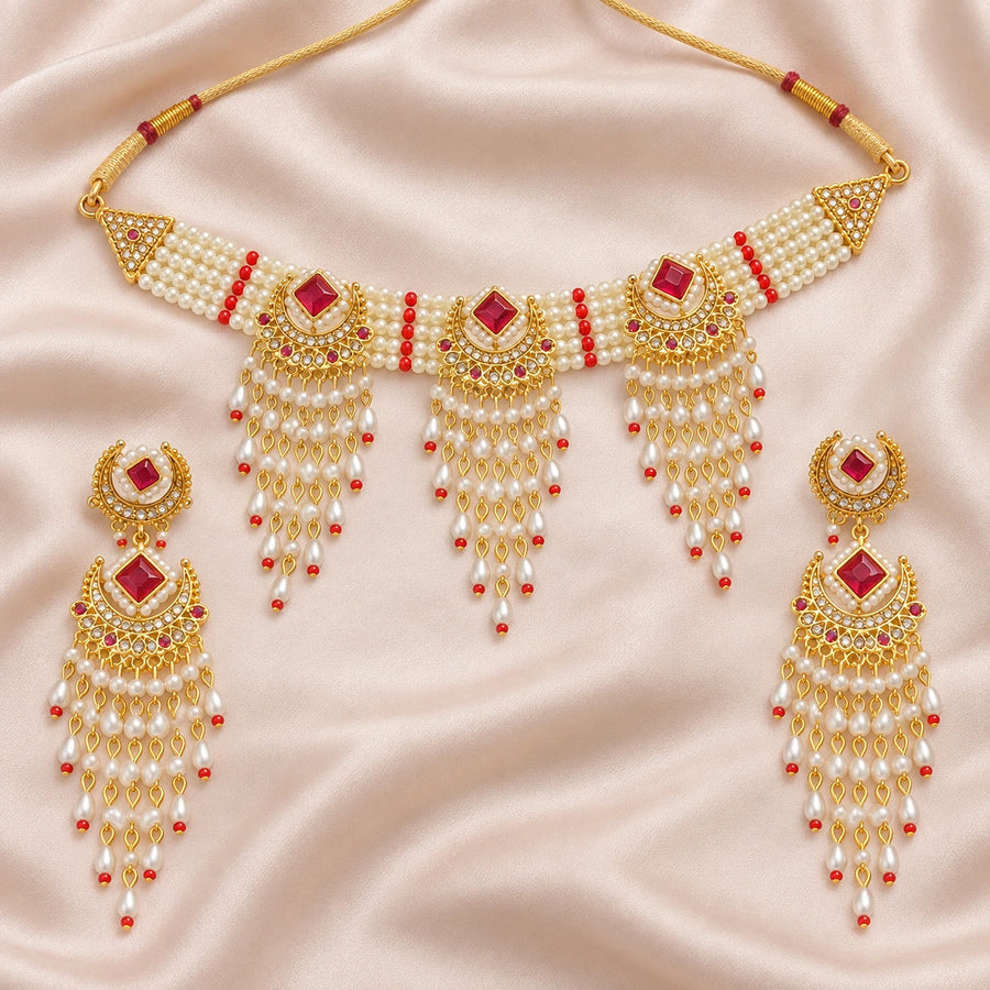 Ruhani Ruby Pearl Choker and Earrings Set — product view