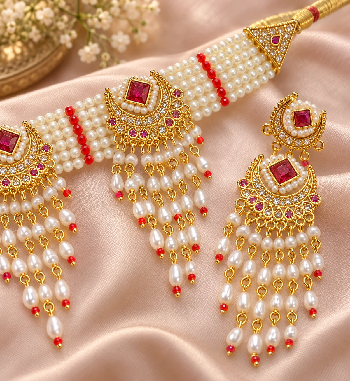 Ruhani Ruby Pearl Choker Set macro detail