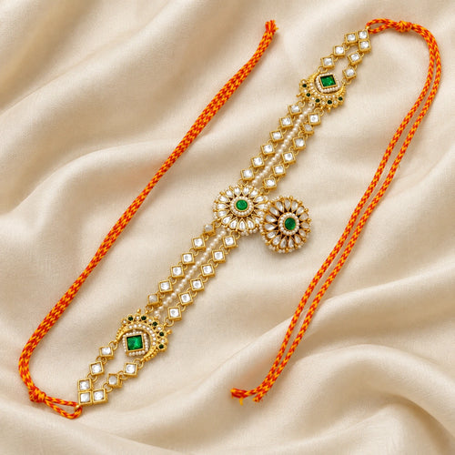 Dokyu Harit green kundan pearl haath phool full product flatlay