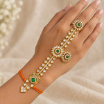 Harit green kundan pearl haath phool worn on hand