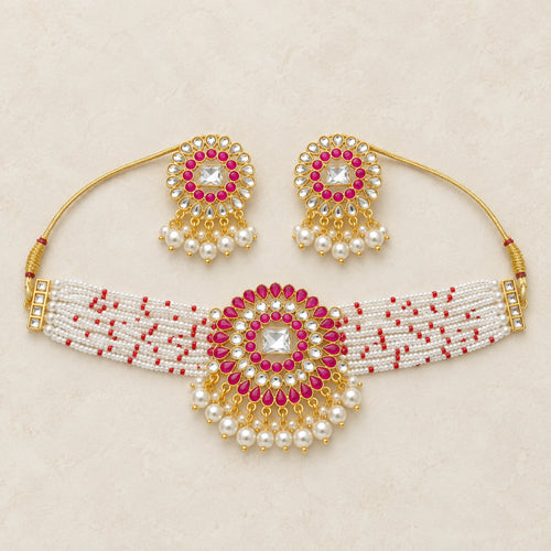 Magenta Kundan Pearl Choker Necklace & Earrings Set