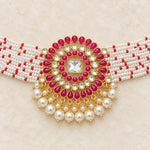 Magenta kundan pearl choker centerpiece and pearl fringe detail