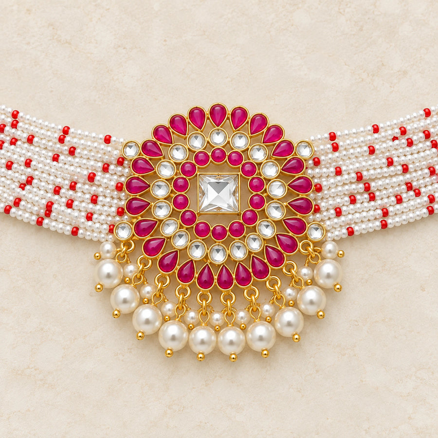 Magenta kundan pearl choker centerpiece and pearl fringe detail