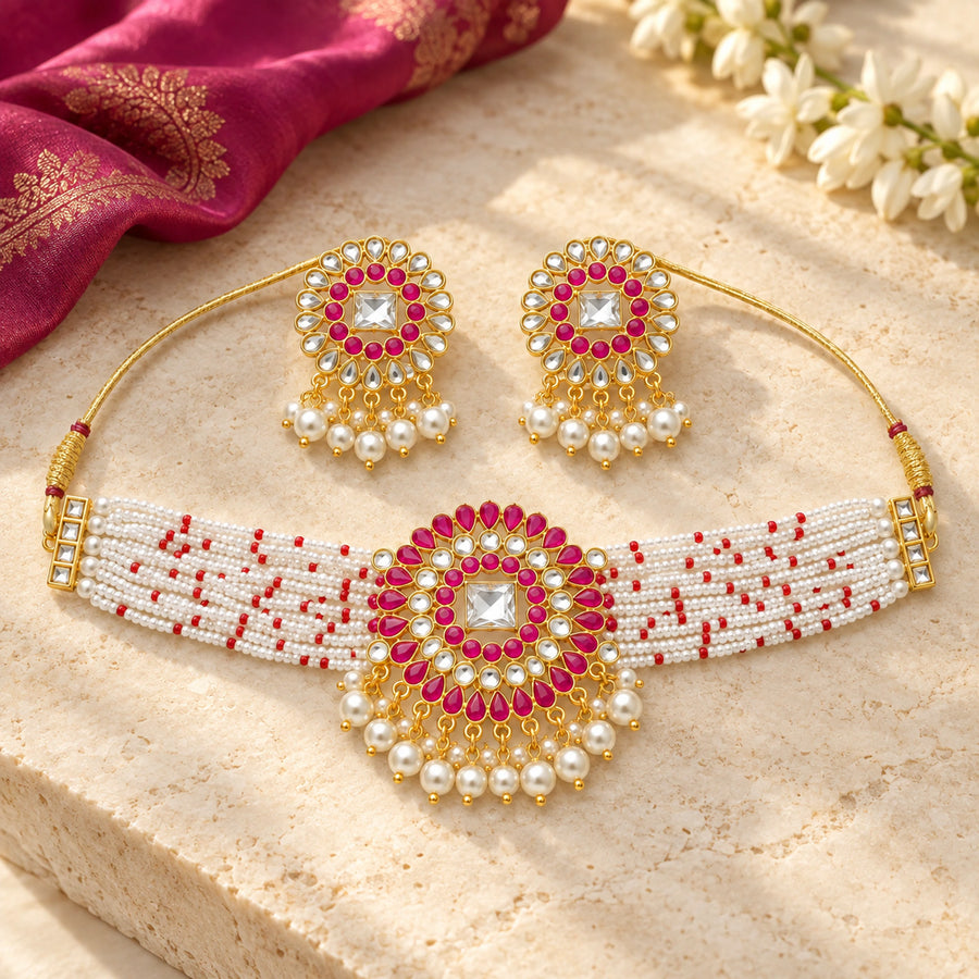 Magenta kundan pearl choker necklace and earrings lifestyle setting