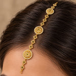 Meher Pearl Emerald Gold Shishphool Headpiece — worn hairline