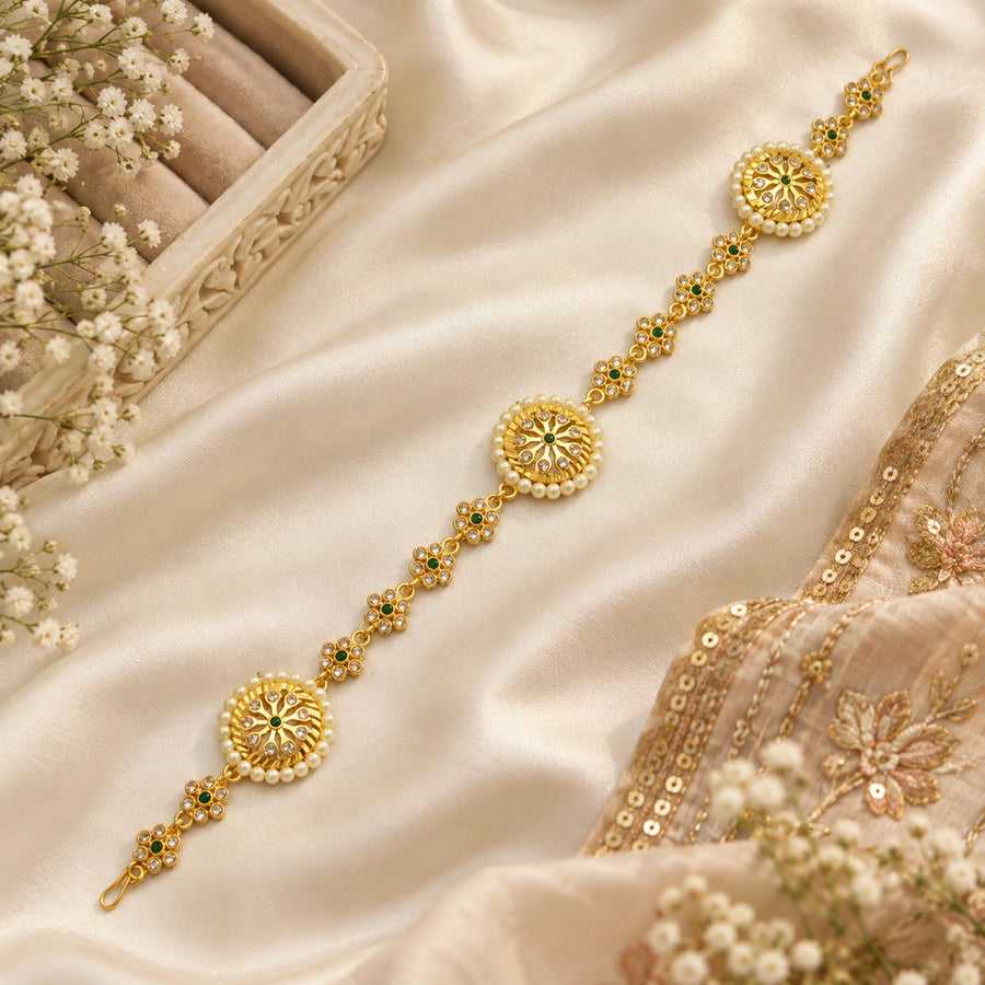 Meher Pearl Emerald Gold Shishphool Headpiece — lifestyle