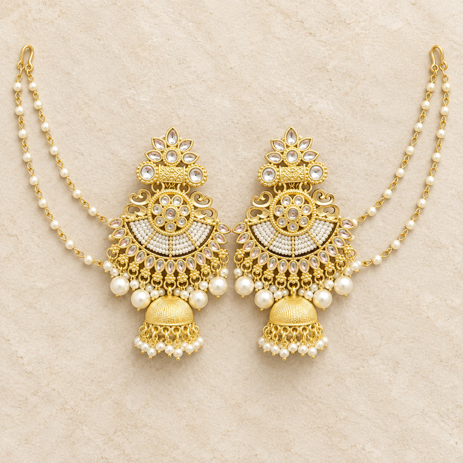 Noor Kundan Pearl Ear-Chain Jhumka Earrings - flat lay hero