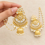 Noor Kundan Pearl Ear-Chain Jhumka Earrings - hand-held scale view