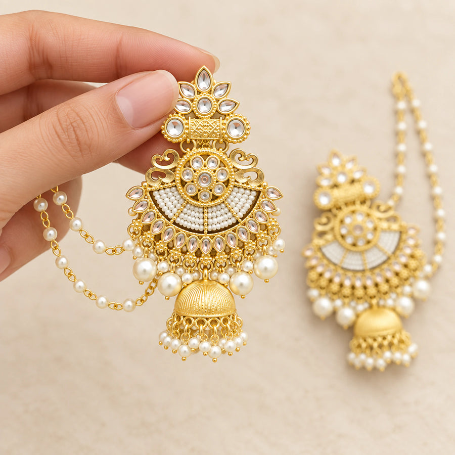 Noor Kundan Pearl Ear-Chain Jhumka Earrings - hand-held scale view