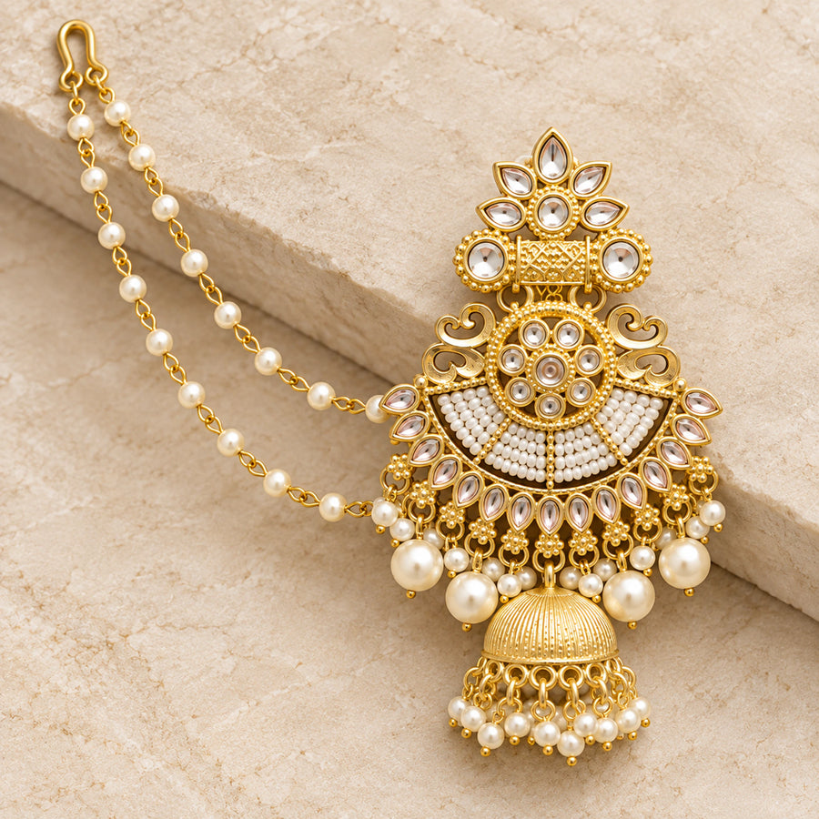 Noor Kundan Pearl Ear-Chain Jhumka Earrings - craftsmanship detail