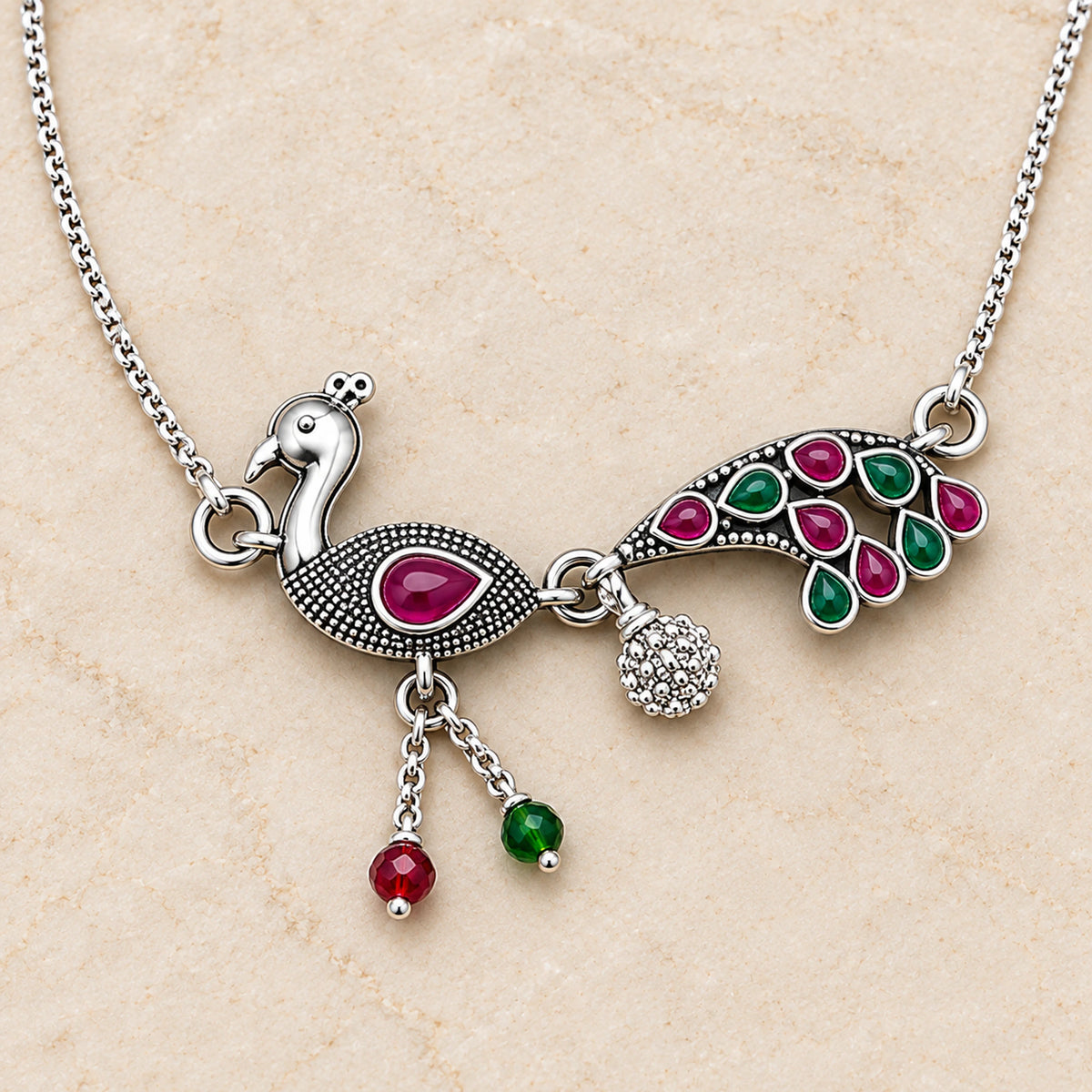 Oxidized silver peacock payal anklet gemstone detail