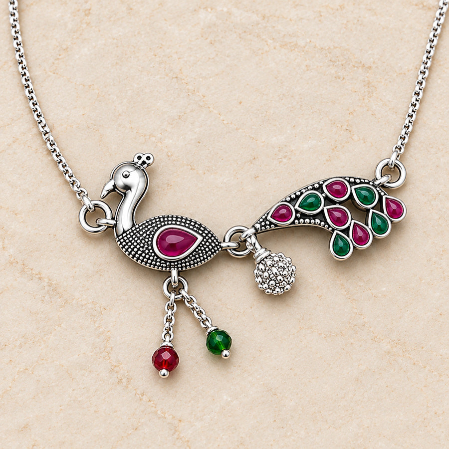 Oxidized silver peacock payal anklet gemstone detail