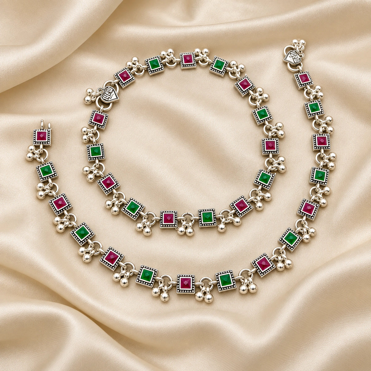 Rangoli Ruby Emerald Silver Payal Pair — flatlay hero