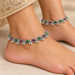 Rangoli Ruby Emerald Silver Payal Pair — worn ankle