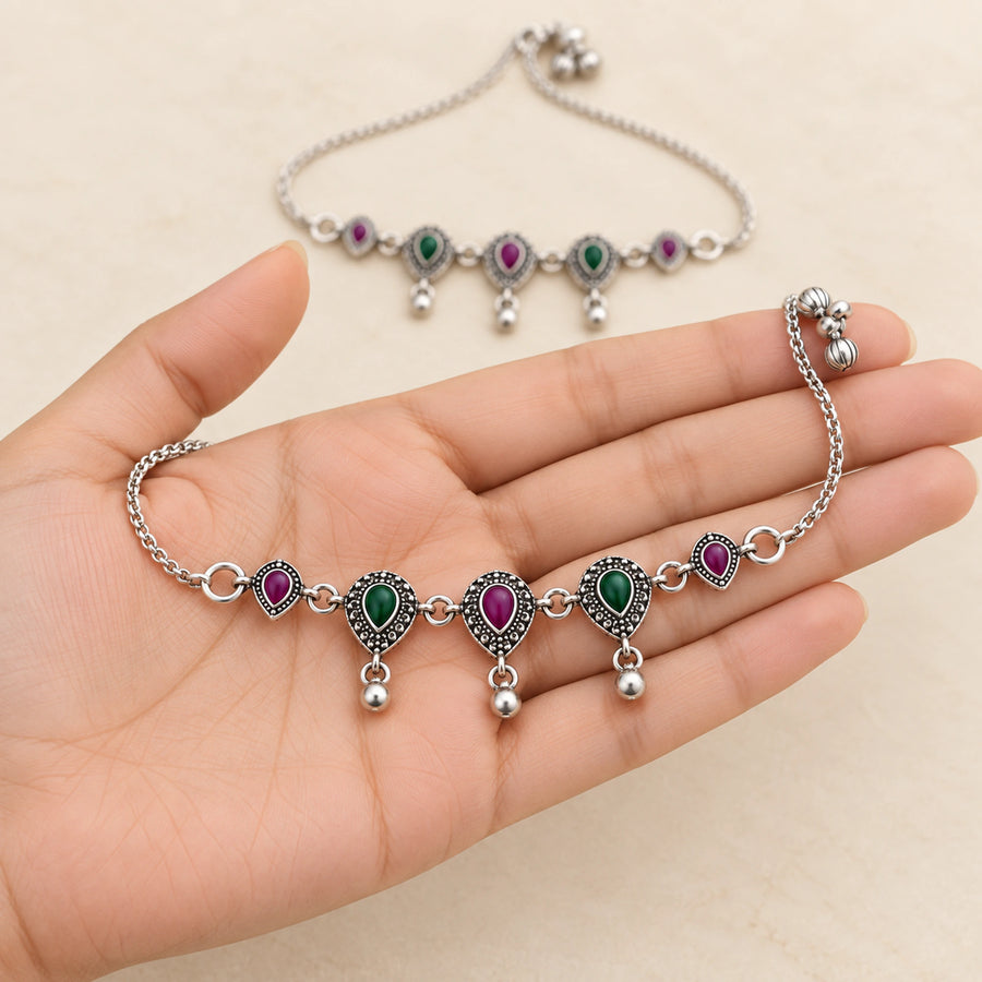 Ruhani Meenakari Oxidized Silver Payal Pair - hand-held scale view