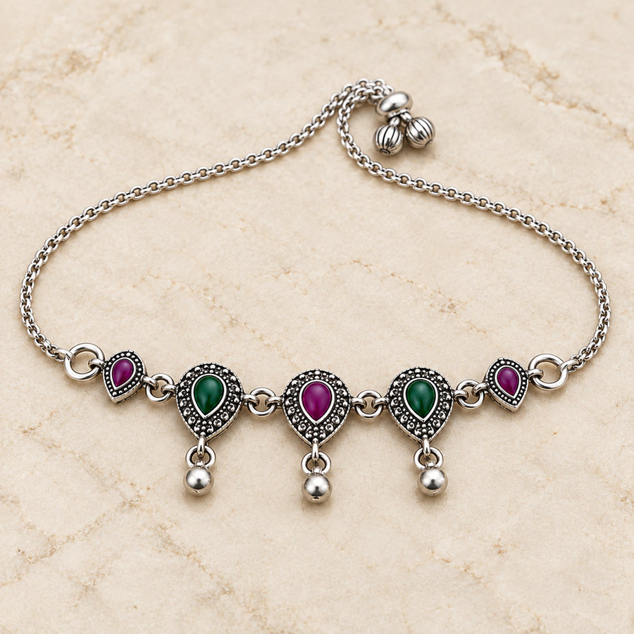 Ruhani Meenakari Oxidized Silver Payal Pair - craftsmanship detail