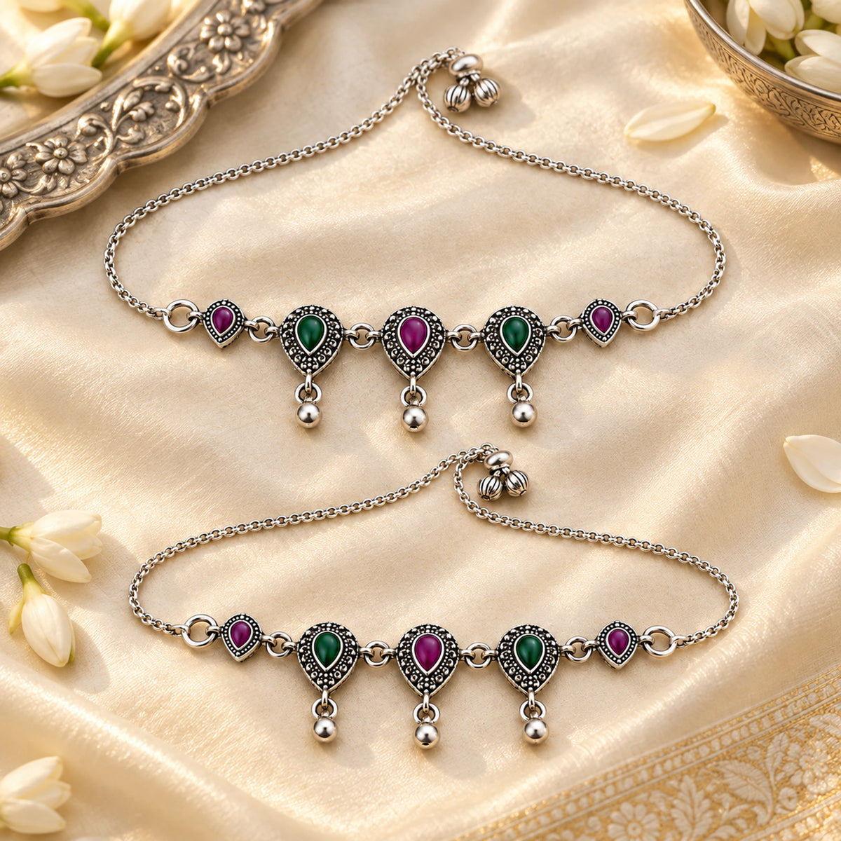 Ruhani Meenakari Oxidized Silver Payal Pair - festive lifestyle