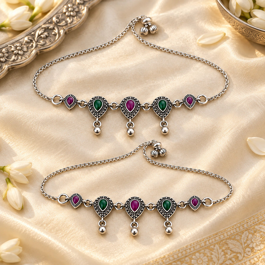 Ruhani Meenakari Oxidized Silver Payal Pair - festive lifestyle