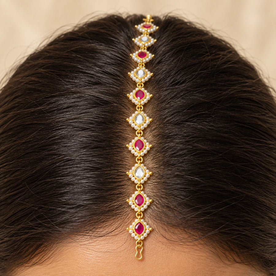 Roshni kundan sheeshphool worn along hair parting