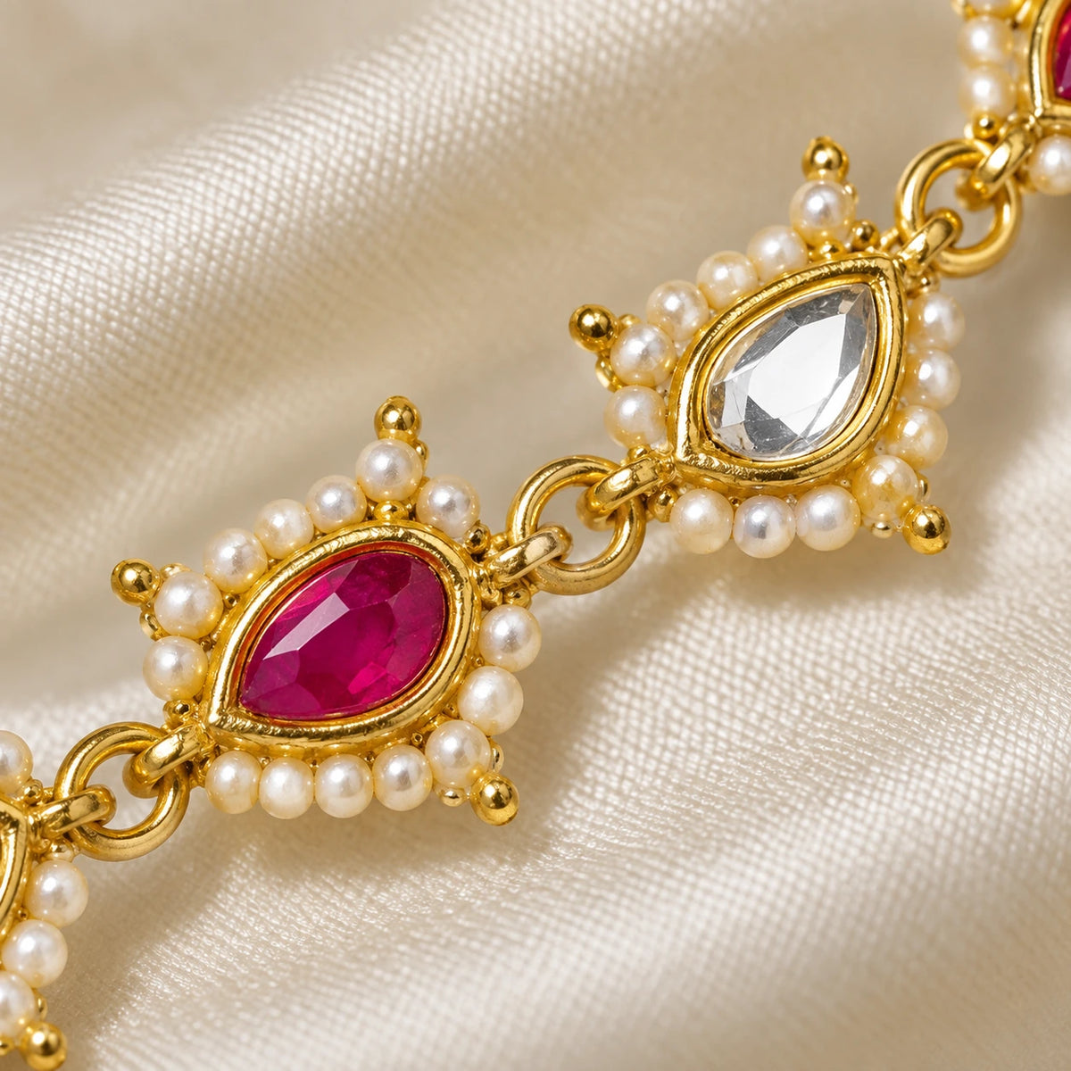 Roshni kundan stone and pearl macro detail